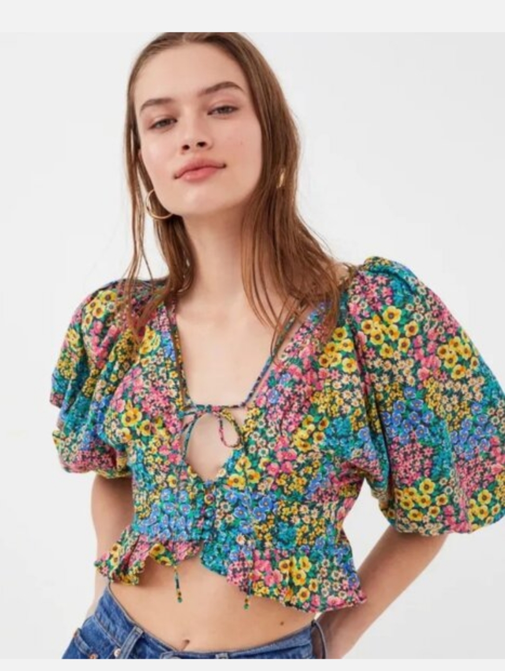For Love & Lemons Floral Puff-Sleeve Tie-Front Crop Top In Multicolor